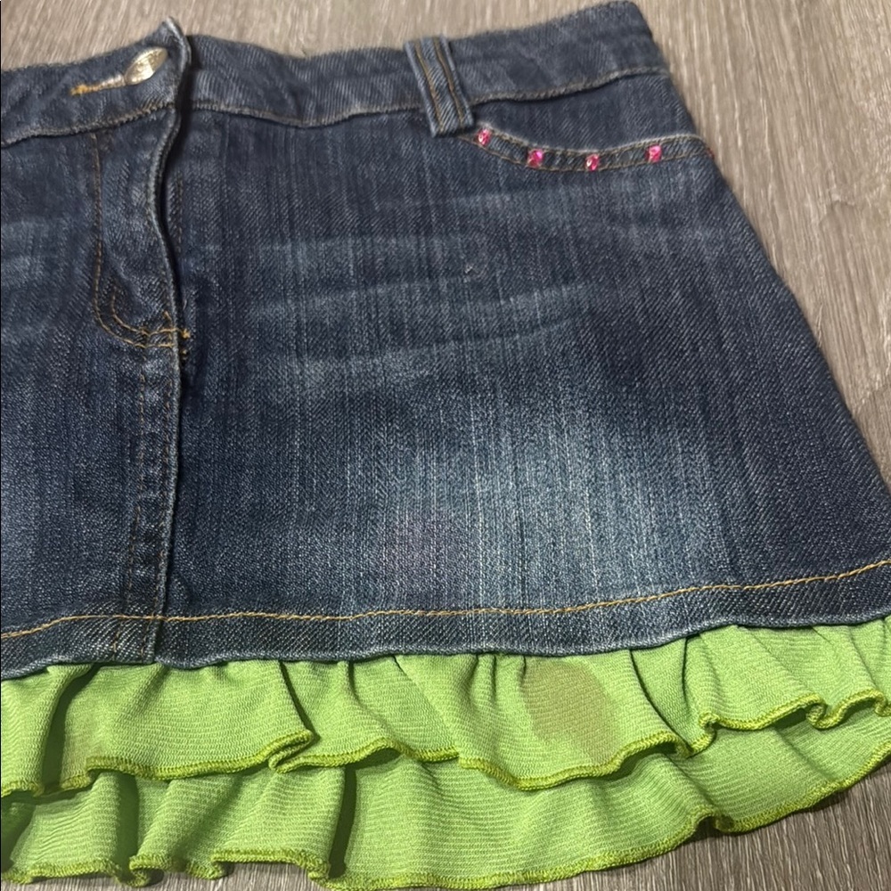 Little Mass Denim Skirt with Green Ruffle - Picture 2 of 5